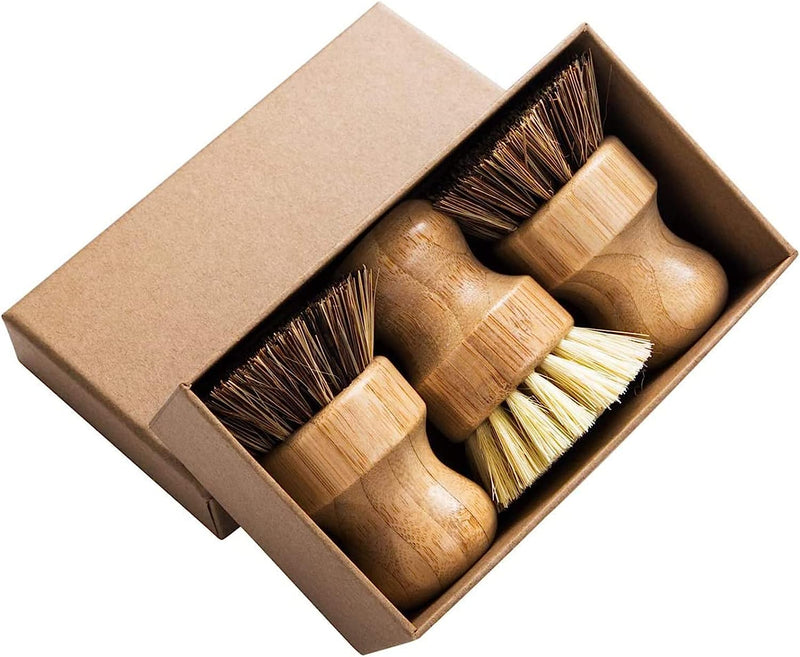 FAMCÜTE Palm Pot Brush- Bamboo Round 3 Packs Mini Dish Brush Natural Scrub Brush Durable Scrubber Cleaning Kit with Union Fiber and Tampico Fiber for Cleaning Pots, Pans and Vegetables