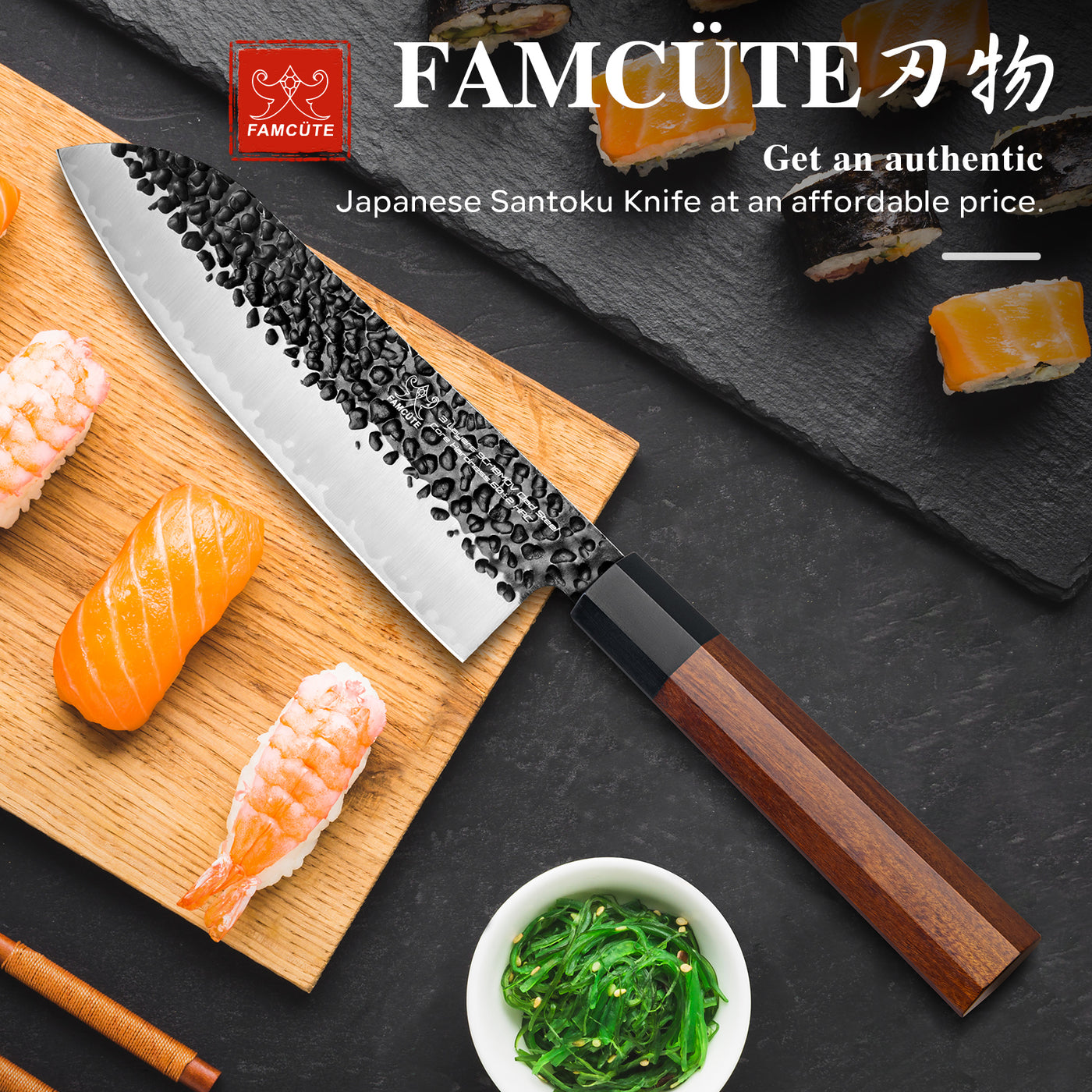 FAMCÜTE 7 inch Santoku knife, 3 Layer 9CR18MOV Clad Steel w/octagon Handle Japanese Chef's Knife for Home Kitchen & Restaurant