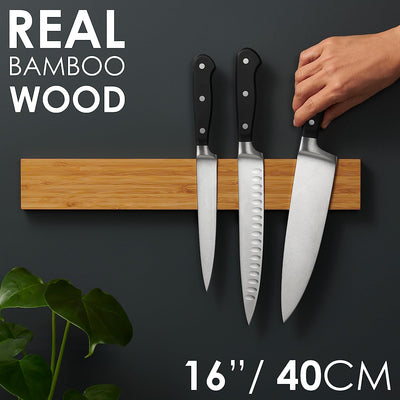 FAMCÜTE Magnetic Knife Holder for Wall with Extra Strong Magnet - Knife Magnetic Strip in Bamboo for Knives, Utensils and Tools（40*6*2cm）