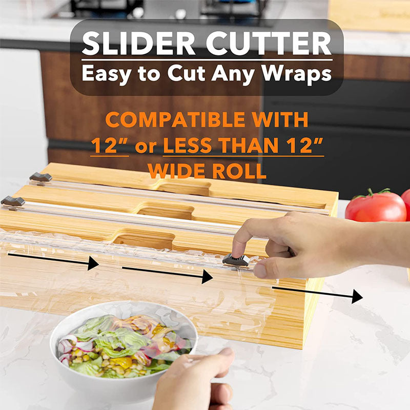FAMCÜTE WrapNeat 3 in 1 Wrap Organizer with Cutter, Plastic Wrap、Aluminum Foil and Wax Bamboo Dispenser for Kitchen Storage Organization Holder for 12" Roll (Labelable)