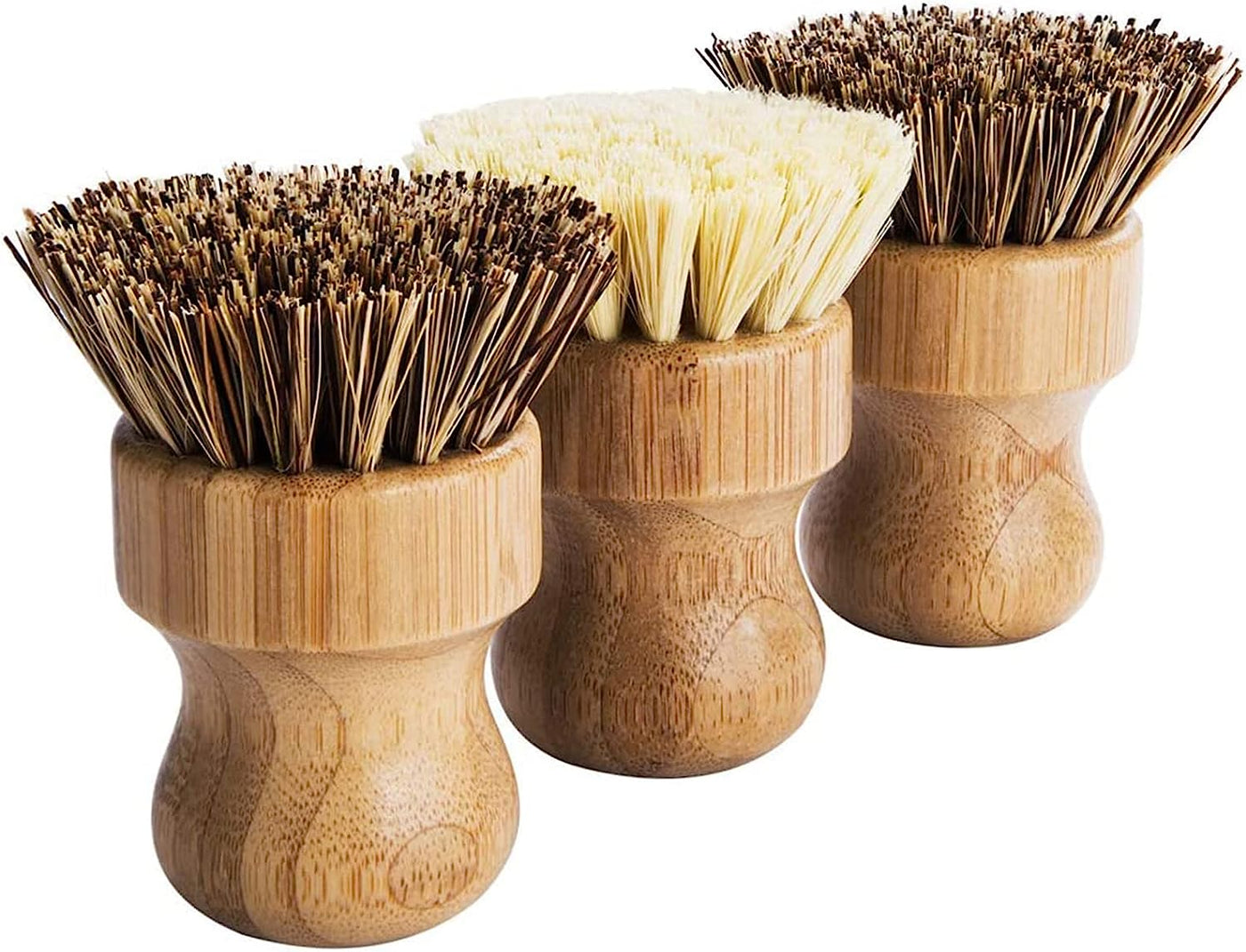 FAMCÜTE Palm Pot Brush- Bamboo Round 3 Packs Mini Dish Brush Natural Scrub Brush Durable Scrubber Cleaning Kit with Union Fiber and Tampico Fiber for Cleaning Pots, Pans and Vegetables