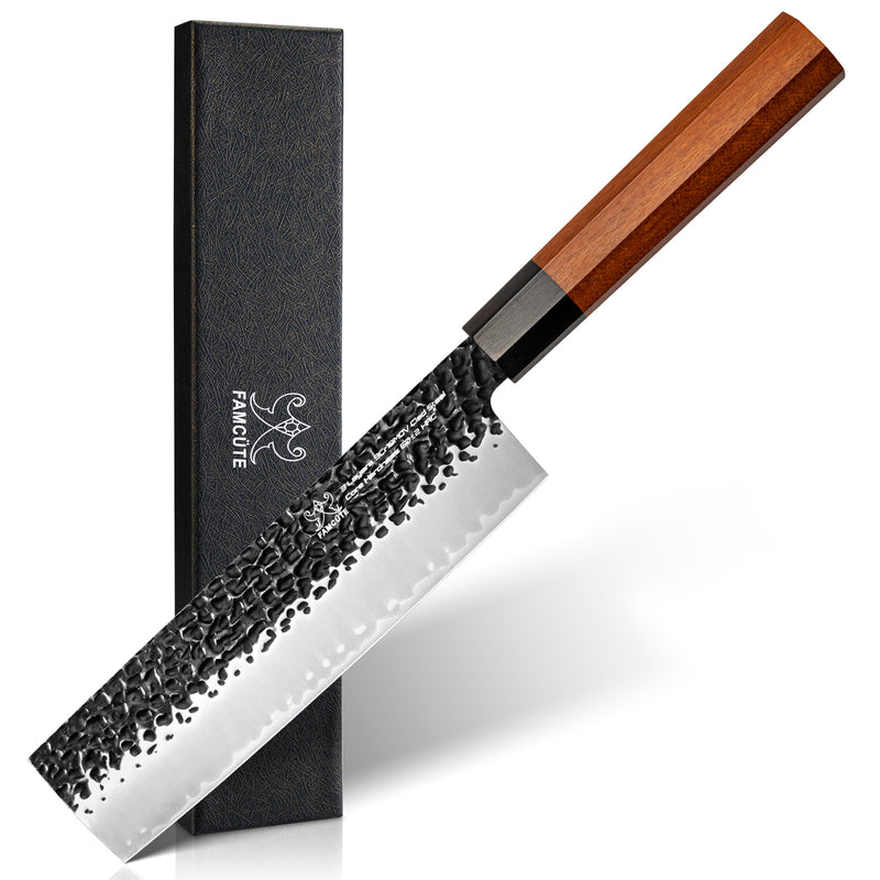 FAMCÜTE 7 inch Nakiri Knife, 3 Layer 9CR18MOV Clad Steel w/octagon Handle Cleaver Knife for Cut Vegetables Cut Meat & Fish Fruits