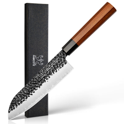 FAMCÜTE 7 inch Santoku knife, 3 Layer 9CR18MOV Clad Steel w/octagon Handle Japanese Chef's Knife for Home Kitchen & Restaurant