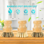 FAMCÜTE Palm Pot Brush- Bamboo Round 3 Packs Mini Dish Brush Natural Scrub Brush Durable Scrubber Cleaning Kit with Union Fiber and Tampico Fiber for Cleaning Pots, Pans and Vegetables