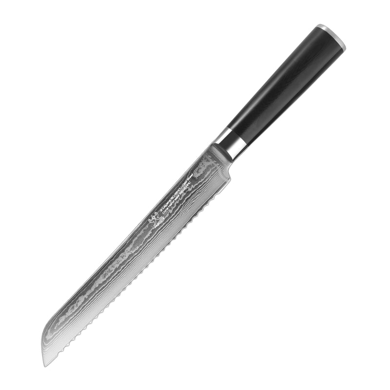 FAMCÜTE Damascus Bread Knife - 67-Layer Japanese VG10 Steel Core - Black G10 Handle, Razor Sharp, Beautiful Damascus Wave Pattern (8" Bread Knife)