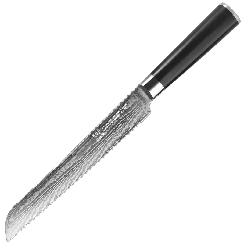 FAMCÜTE Damascus Bread Knife - 67-Layer Japanese VG10 Steel Core - Black G10 Handle, Razor Sharp, Beautiful Damascus Wave Pattern (8" Bread Knife)