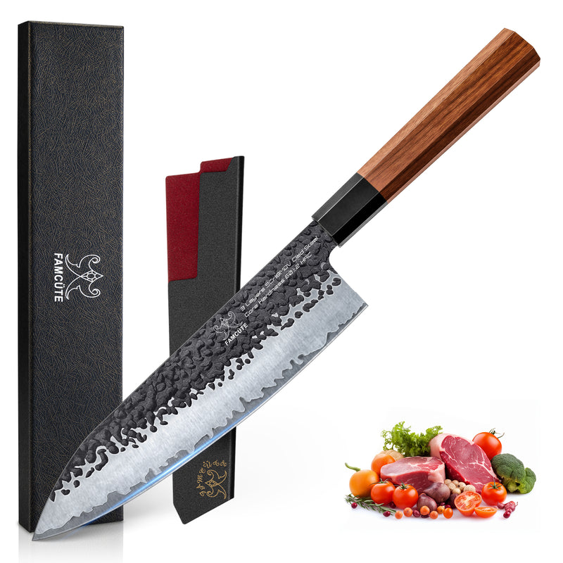 FAMCÜTE 8" Japanese Chef Knife with Sheath – 5-Layer 9CR18MOV Steel & Rosewood Handle