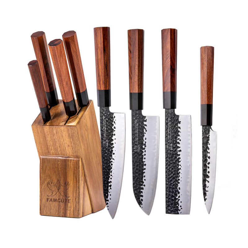 FAMCÜTE Japanese Chef Knife Set, 3 Layer 9CR18MOV Clad Steel w/octagon Handle and Block Wooden Holder for 4Piece Kitchen Knife Set (8” Gyuto Knife, 7” Nakiri Knife, 7” Santoku knife, 5” Utility knife)