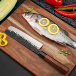 FAMCÜTE 7 inch Professional Japanese Nakiri Knife, Made of 3 layer 9CR18MOV clad steel w/octagon handle Vegetables Knife with 1000/6000 2 Side Grit Professional Sharpening Whetstone