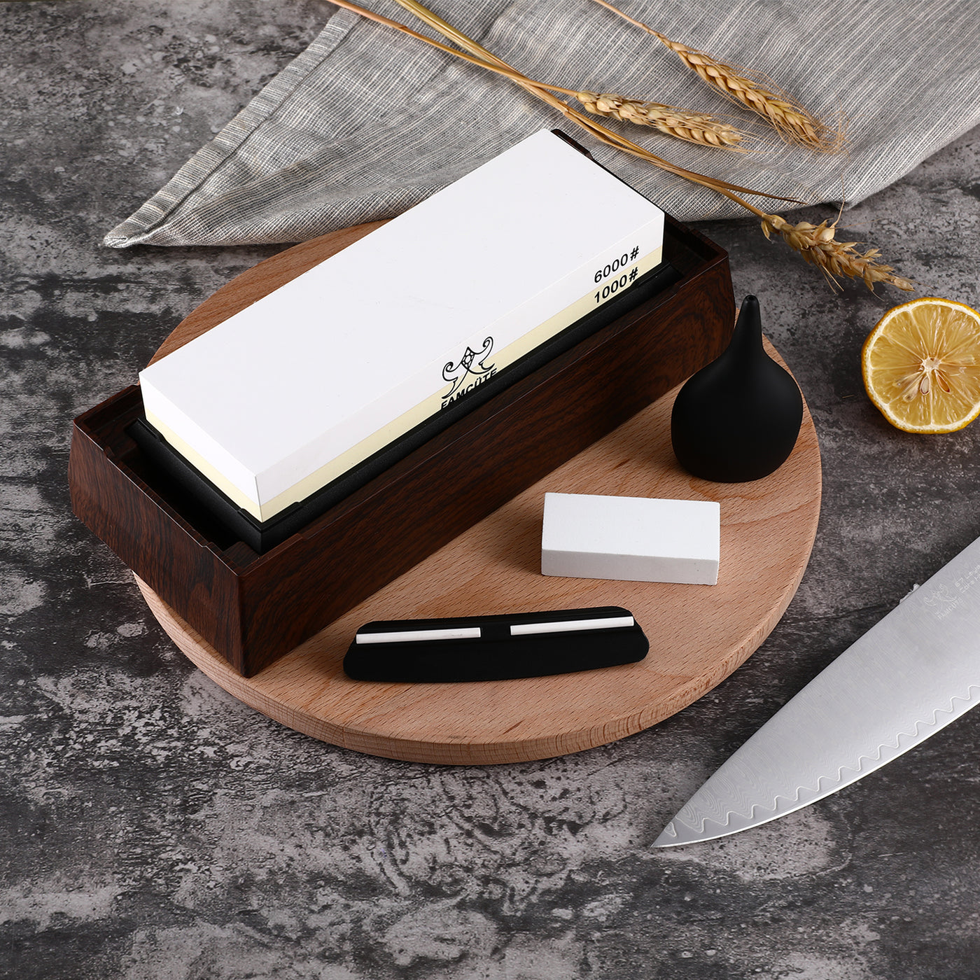 FAMCÜTE Japanese Chef Knife Set, 3 Layer 9CR18MOV Clad Steel w/Octagon Handle and Block Wooden Holder for 4Piece Kitchen Knife Set (8” Gyuto Knife